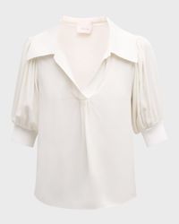 Weldon Collared V-Neck Short-Sleeve Silk Combo Top