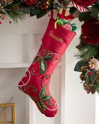 Beaded Holly Leaves Classic Christmas Stocking, Personalized