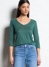 Sud Express - Tee-shirt Col V chiné en lin - Taille L - Vert