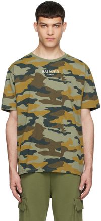 Balmain T-shirt kaki à motif camouflage et à logo
