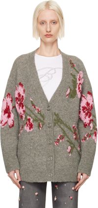 Blumarine Cardigan gris à images de roses en tricot jacquard