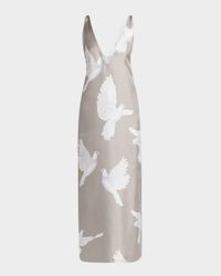 Dove Print Lace Trim Silk Slip Dress