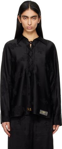 GANNI Black Satin Jacquard Tie String Shirt