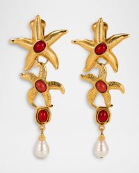 Starfish Clip On Earrings with Pearly Drops and Coral Stones