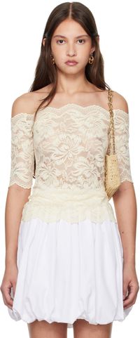 Rabanne Off-White Stretch Lace Short Sleeve Top