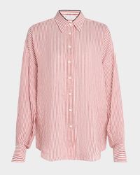 Stripe Button Down Linen Shirt with Piping Collar