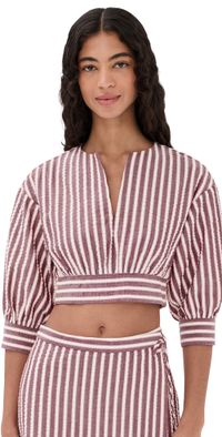 SIMKHAI Noralie Long Sleeve Cropped Shirt Oxblood Stripe XS