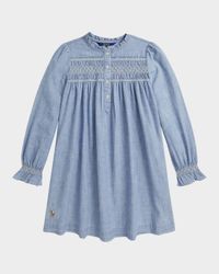 Girl's Smocked Cotton Chambray Babydoll Dress, Size 7-14