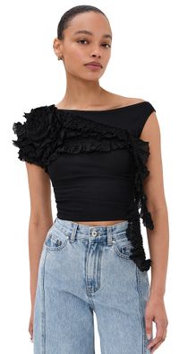ROKH Flower Draped Off Shoulder Top Black 34