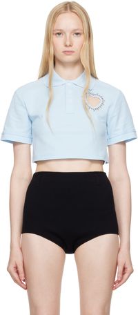 AREA Polo écourté bleu à découpe de cœur à appliqués facettés