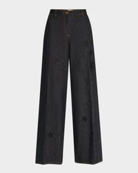 Star Embroidered Denim Wide-Leg Pants