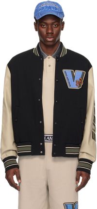 Versace Jeans Couture Black & Beige Patch Faux-Leather Bomber Jacket