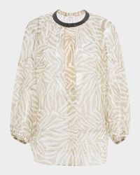 Monili-Collar Animalier-Print Organza Button-Front Top