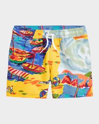 Boy's Seaside Village-Print Swim Shorts, Size 2-7