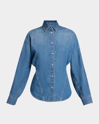 Seamed Button-Down Denim Top