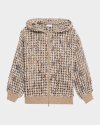 Pailette Wool-Cashmere Net Balloon-Sleeve Zip Hoodie