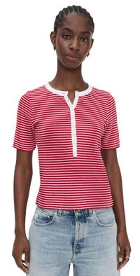 Madewell Striped Elbow-Sleeve Henley Tee Cherry Red Stripe S