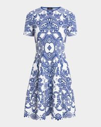 Blue Medallion Lace Effect Short-Sleeve Knit Dress