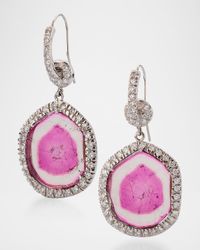 Estate 18K White Gold Diamond and Pink Tourmaline Disc Cluster Drop Earrings