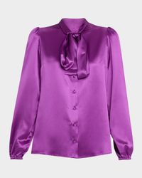 Bow-Neck Silk Button-Down Blouse