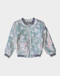 Girl's Iridescent Star Sequined Bomber Jacket, Size 2-14