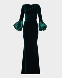 Stretch Velvet and Mikado Trumpet-Sleeve Gown