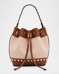 Rockstud Drawstring Canvas & Leather Bucket Bag