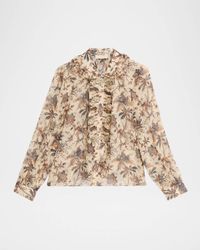 Nina Metallic Fil-Coupe Chiffon Ruffle Button-Down Blouse