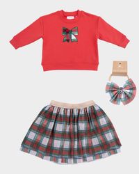 Girl's 3-Piece Holiday Plaid Sweatshirt & Skirt Set, Size 6M-3