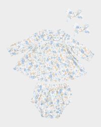 Girl's Sweet Rose Calico Dress, Diaper Cover & Bow Clips Set, Size 0M-24M