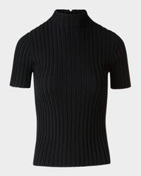 Mock-Neck Short-Sleeve Reverse Rib Knit Sweater