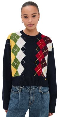 GANNI Chunky Wool Mix Argyle Knit Pullover Sky Captain XS