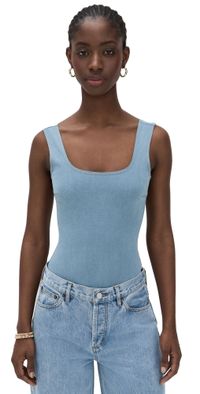 Commando Do It All Denim Square Neck Thong Bodysuit Washed Indigo XL