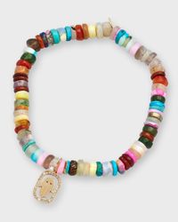 14k Gold Rainbow Beaded Bracelet with Diamond Hamsa Charm