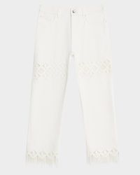 Macrame-Inset Straight-Leg Fringed Ankle Pants