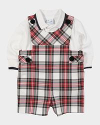 Boy's Plaid Shortall & Long-Sleeve Tipped Polo Shirt Set, Size 6M-24M