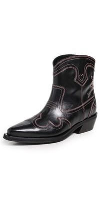 GANNI Low Shaft Embroidered Western Boots Black/Pink 41