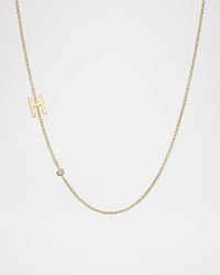 14k Gold Asymmetrical Initial and Bezel Diamond Necklace