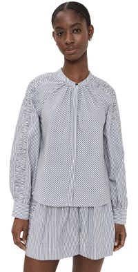 Merlette Tiana Ruched Blouse Navy Yarn Dyed Stripe M