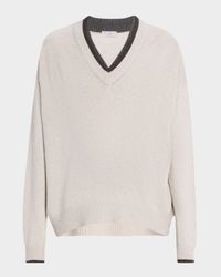 Cashmere Contrast Stripe V-Neck Sweater