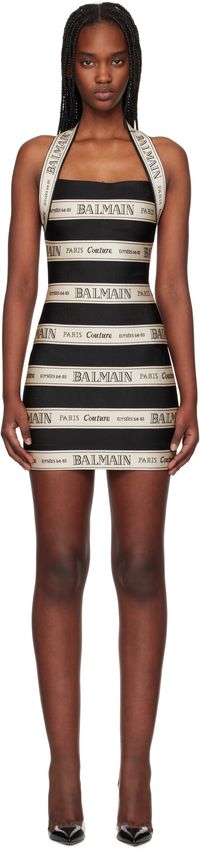 Balmain Robe courte noir et blanc cassé à corsage bain de soleil et à motif à logos en jacquard