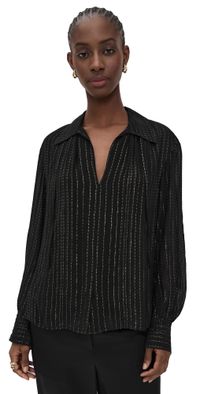 Vince Gathered Metallic Stripe Blouse Black XL