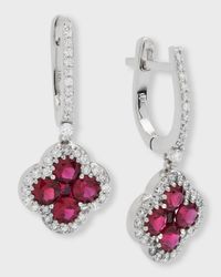 18K Ruby and Diamond Flower Hoop Drop Earrings, 0.83tcw, 1.25" / 0.50"W