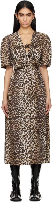 GANNI Beige & Brown Leopard Printed Cotton Tie Strap Midi Dress