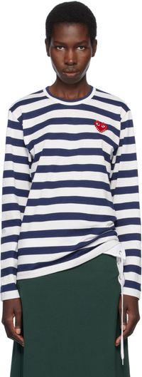 COMME des GARÇONS PLAY Navy & White L/S Stripe Rhinestone T-shirt