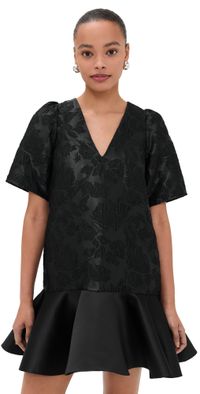 GANNI Satin Cloque Mini V Neck Dress Black 32