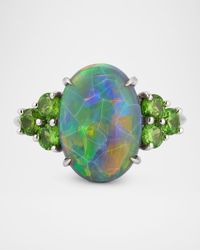 18K White Gold Black Opal and Demantoid Garnet Ring, Size 6