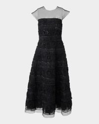 Rose Embroidered Cap-Sleeve Illusion Midi Dress