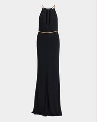 Chain Cutout Sable Jersey Halter Evening Dress