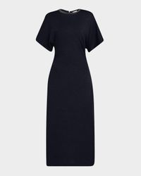 Monili-Neck Short-Sleeve Gathered Wool Jersey Midi T-Shirt Dress